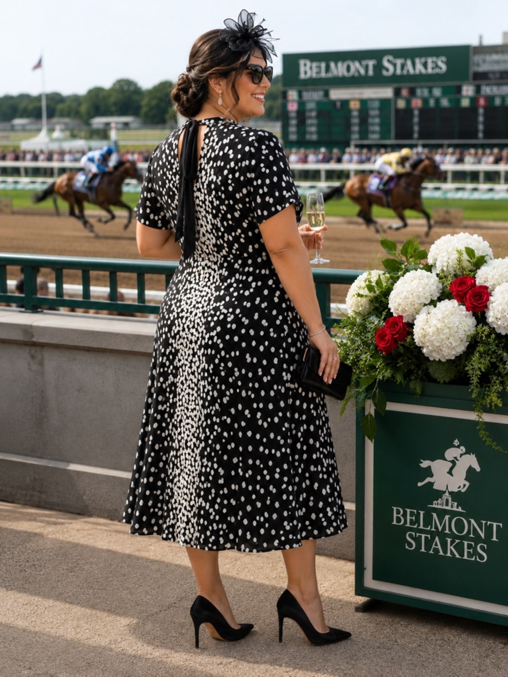 NWT Alfani 2X Black White Polka Dot Tie Neck Midi Dress Plus Size Chic